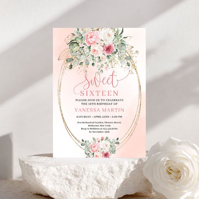 Soft Blush Floral Greenery Sweet Sixteen Invitatio Einladung (Soft Blush Floral Greenery Sweet Sixteen Invitation)