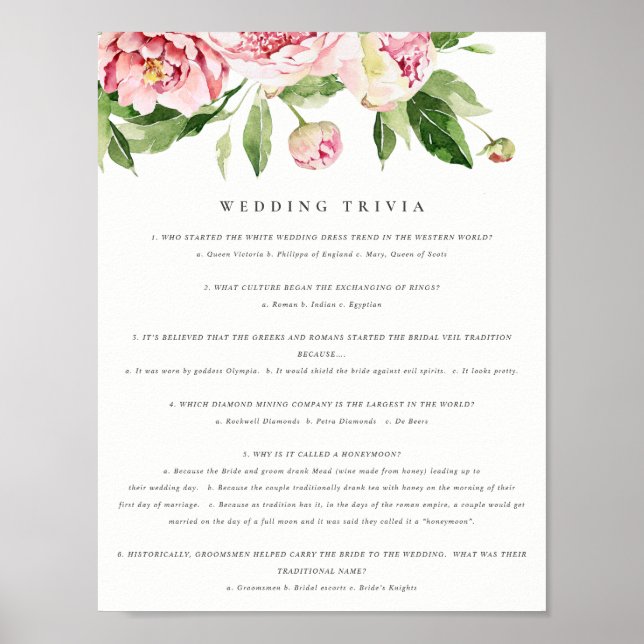 Soft Blush Floral Peony Wedding Trivia Game Part 1 Poster (Vorne)