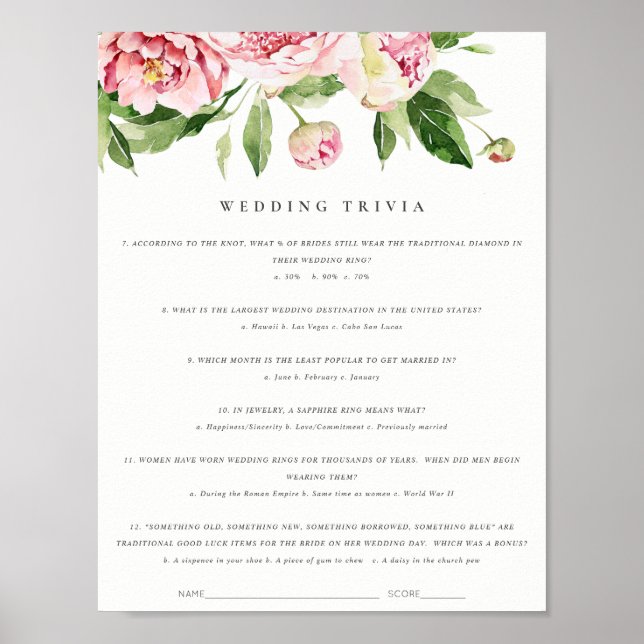 Soft Blush Floral Peony Wedding Trivia Game Part 2 Poster (Vorne)
