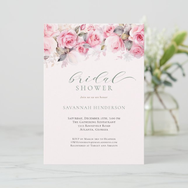Soft Blush Florale Hochzeitsdusche Editable  Einladung (Stehend Vorderseite)