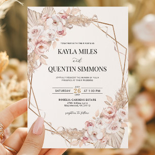 Soft Blush Pampas Gras Boho Gold Geometrischer Rah Einladung