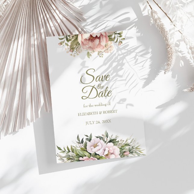 Soft Blush Pfingstrose Save the Date Karte (Soft Blush Peony Save The Date Card on a sunny white table with botanical decor)