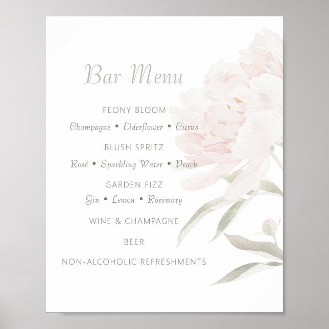 Soft Blush Pfingstrosen-Hochzeitsbar-Menü  Poster (Vorne)