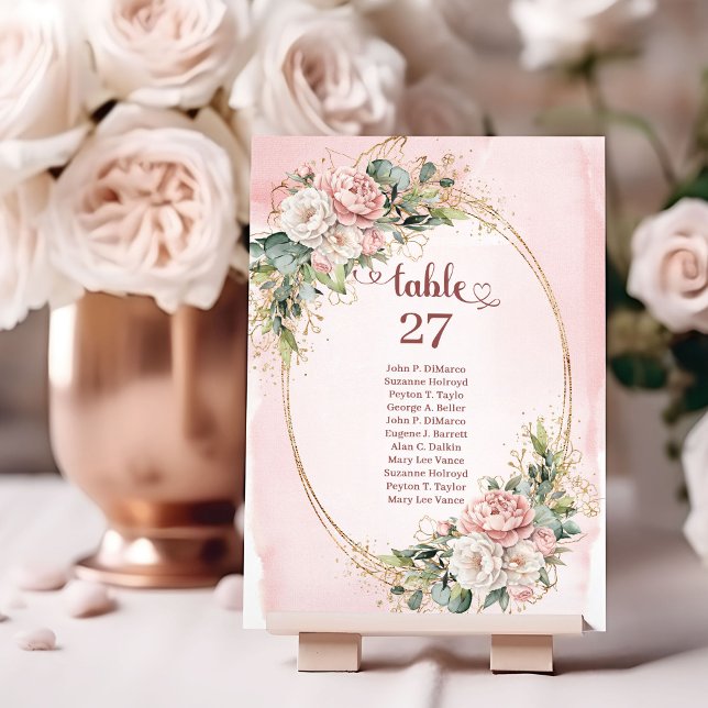 Soft Blush Pink Flowers Gold Glitter Table Number Tischnummer (Soft Blush Pink Flowers Gold Glitter Table Number)