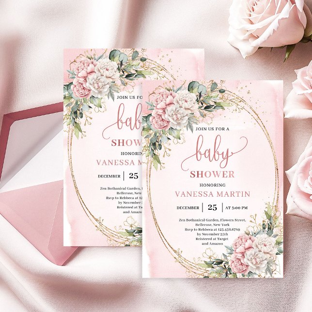 Soft Blush Pink Flowers Greenery Baby Shower Girl Einladung (Soft Blush Pink Flowers Greenery Baby Shower Girl)