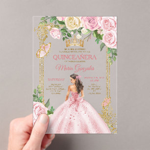 Soft Blush Pink Mis Quince Crown Gold Quinceñera Acryleinladungen