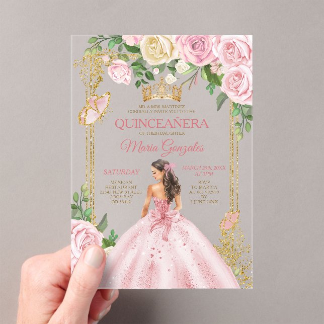 Soft Blush Pink Mis Quince Crown Gold Quinceñera Acryleinladungen (Insitu (Handheld))