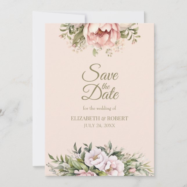 Soft Blush Pink Peony Save The Date Card (Vorderseite)