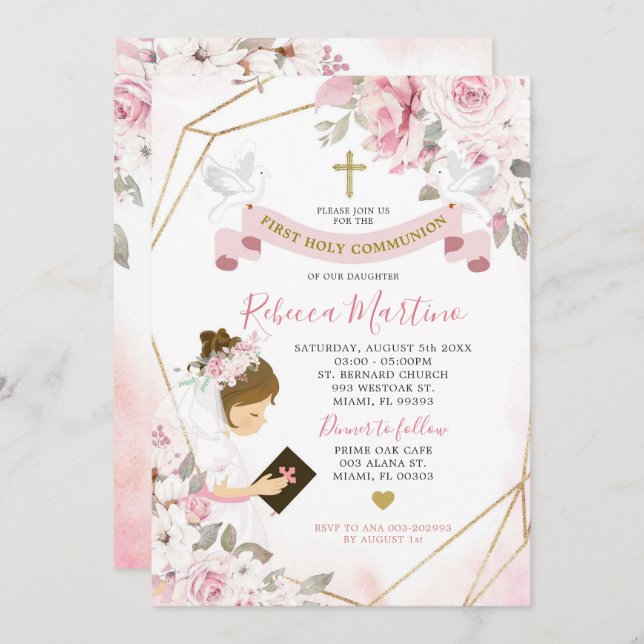 Soft Blush Pink Rose Girl Erste Heilige Kommune Einladung (Vorne/Hinten)