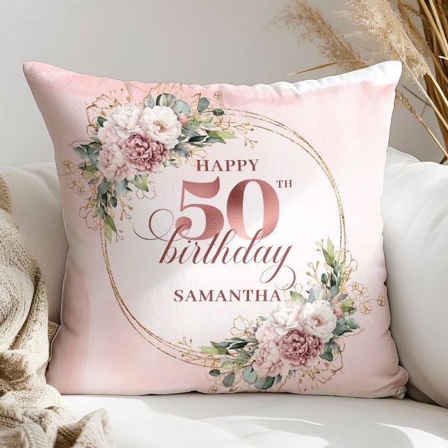 Soft Blush Rose Gold Botanical 50th Birthday Gift Kissen (Soft Blush Rose Gold Botanical 50th Birthday Pillow Gift)