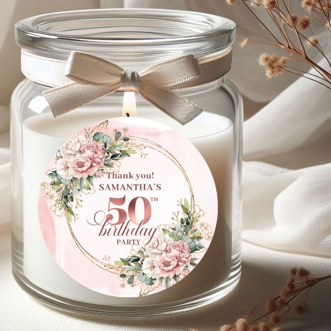 Soft Blush Rose Gold Botanical 50th Birthday Label Runder Aufkleber (Soft Blush Rose Gold Botanical 50th Birthday Stickers)