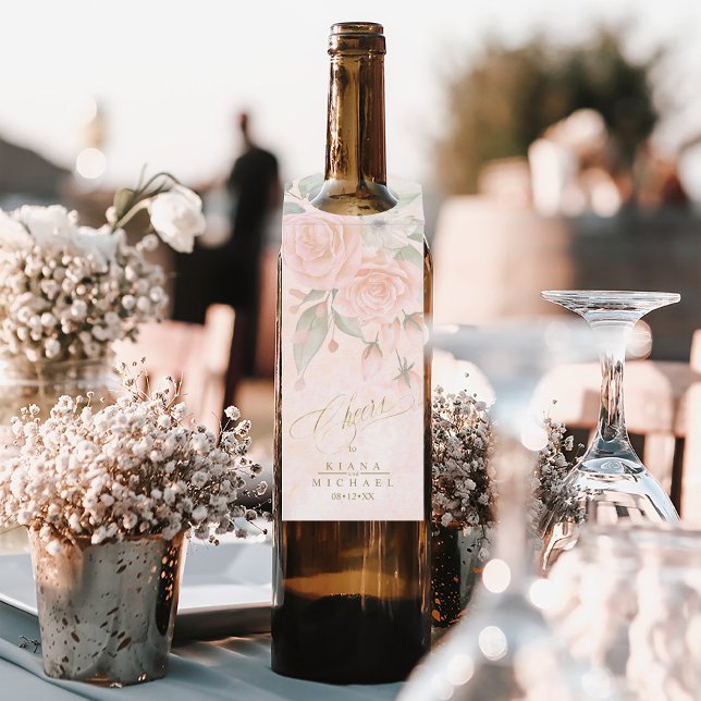 Soft Blush Rose Wedding Cheers ID828 Flaschenanhänger (Wine Bottle In Situ)