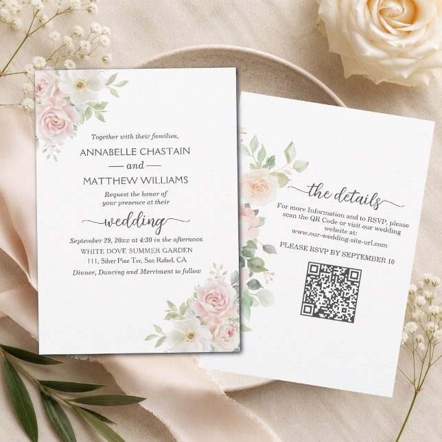 Soft Blush Rosen Alles in Einem QR-Code Hochzeit  Einladung (Von Creator hochgeladen)