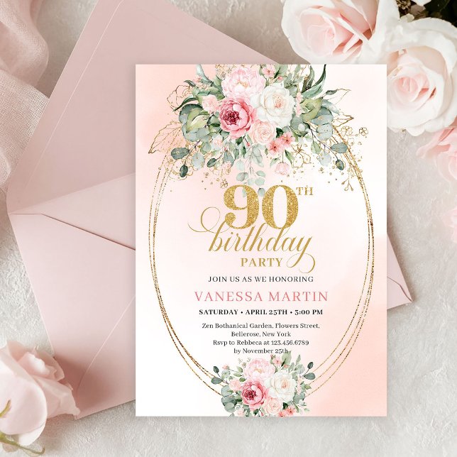 Soft Blush Roses Gold Elegant 90th Birthday Invite Einladung (Soft Blush Roses Gold Elegant 90th Birthday Invitation)