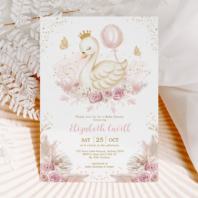 Soft Blush Swan Princess mit Balloon Baby Dusche Einladung (Von Creator hochgeladen)