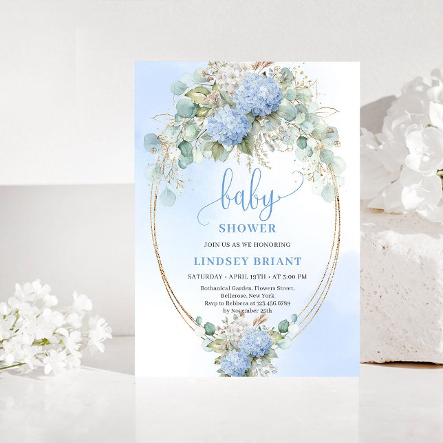 Soft Boho Blue Floral Baby Shower Gold Invitation Einladung (Soft Boho Blue Floral Baby Shower Gold Invitation)