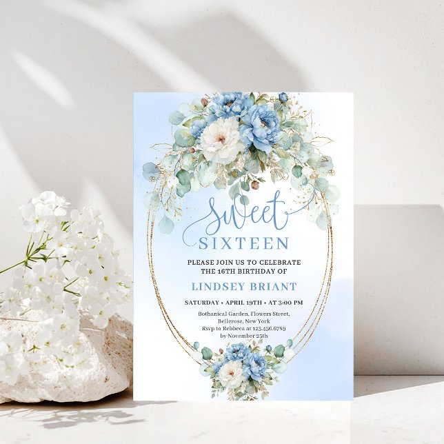 Soft Boho Dusty Blue Floral Gold Sweet 16 Birthday Einladung (Soft Dusty Blue Floral Gold Sweet 16 Birthday Party Invite)