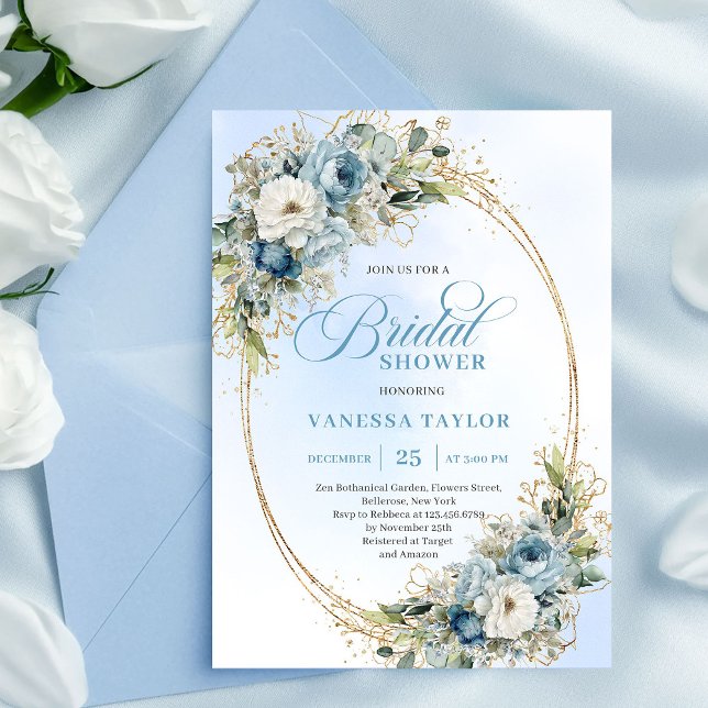 Soft Boho Dusty Blue Floral Greenery Bridal Shower Einladung (Soft Dusty Blue Floral Greenery Bridal Shower Invitation)