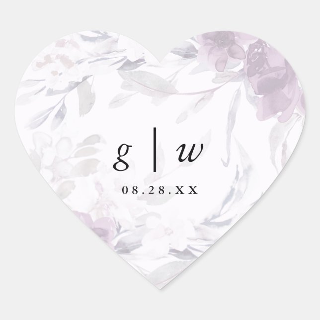 Soft Botanical Floral Monogram und Date Wedding Herz-Aufkleber (Vorderseite)
