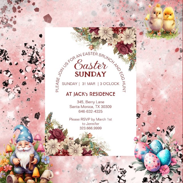 Soft Burgund Rustikale Rose Ostern Sonntag Einladung (Soft Burgundy Rustic Roses Floral Easter Sunday Invitation)