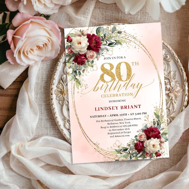 Soft Burgundy Floral Gold 80th Birthday Invitation Einladung (Soft Burgundy Floral Gold 80th Birthday Invitation)
