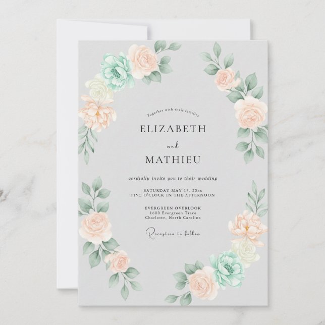 Soft Champagner-Mint-Kranz-Hochzeit Einladung (Vorderseite)