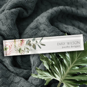 Soft Chic Blush Pink Peony Leafy Botanical Floral Namensplakette
