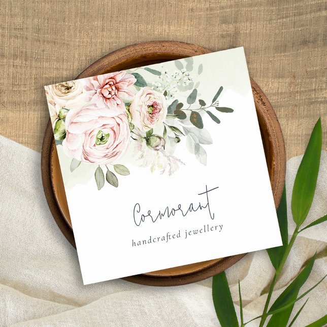 Soft Chic Blush Pink Peony Leafy Botanical Floral Quadratische Visitenkarte (Von Creator hochgeladen)