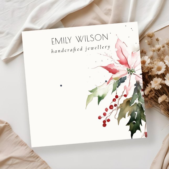 Soft Christmas Berry Poinsettia Watercolor Earring Quadratische Visitenkarte (Von Creator hochgeladen)
