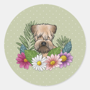 Soft-Coated Wheaten Terrier Bunte Blumen Grün Runder Aufkleber