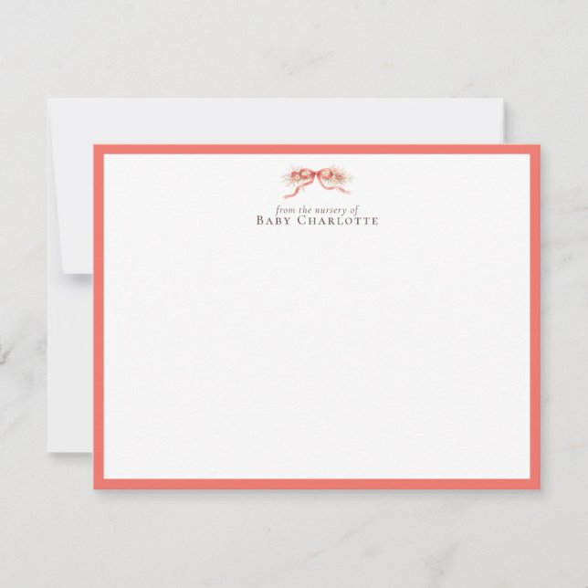 Soft Coral Bow Nursery Note Card – Personalized Mitteilungskarte (Vorderseite)