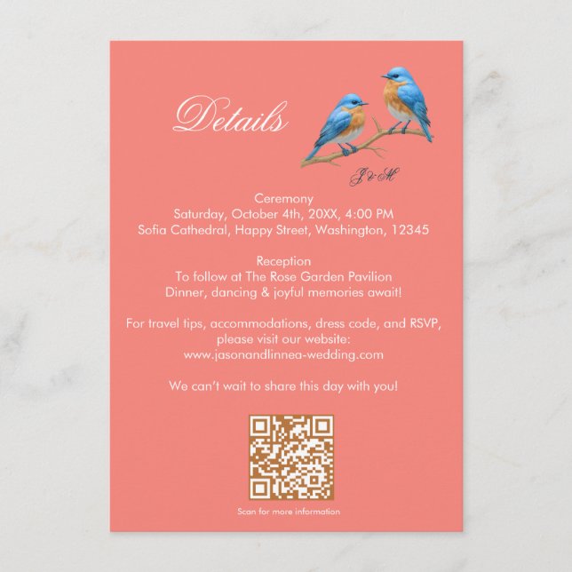Soft Coral Lovebirds Romantic Bluebirds Wedding Begleitkarte (Vorderseite)