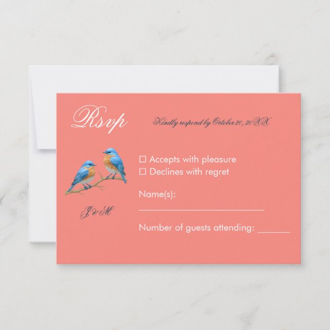 Soft Coral Lovebirds Romantic Bluebirds Wedding RSVP Karte (Vorderseite)