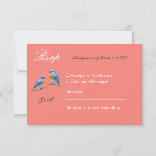 Soft Coral Lovebirds Romantic Bluebirds Wedding RSVP Karte