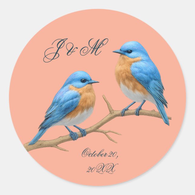 Soft Coral Lovebirds Romantic Bluebirds Wedding Runder Aufkleber (Vorderseite)