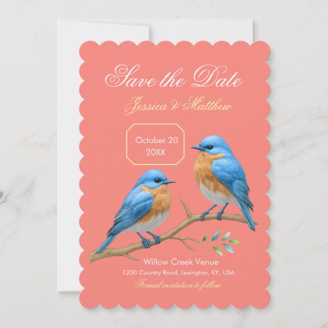 Soft Coral Lovebirds Romantic Bluebirds Wedding Save The Date (Vorderseite)