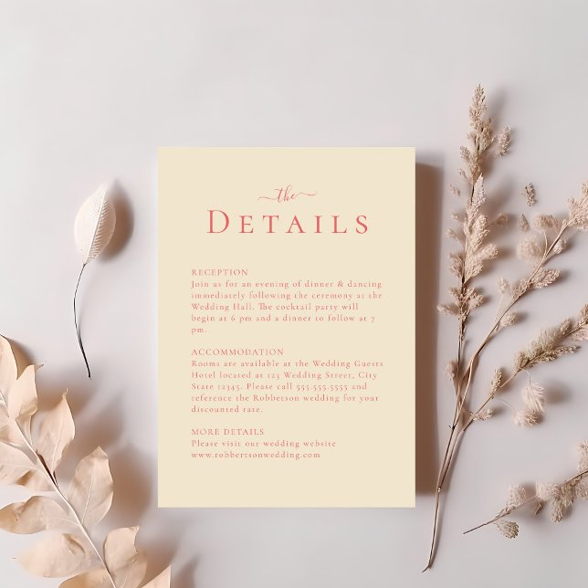 Soft Coral Moderne Minimalistische Hochzeitskarte Einladung (Soft Coral Modern Minimalist Wedding Details Card on a table with blush pink dry flowers.)