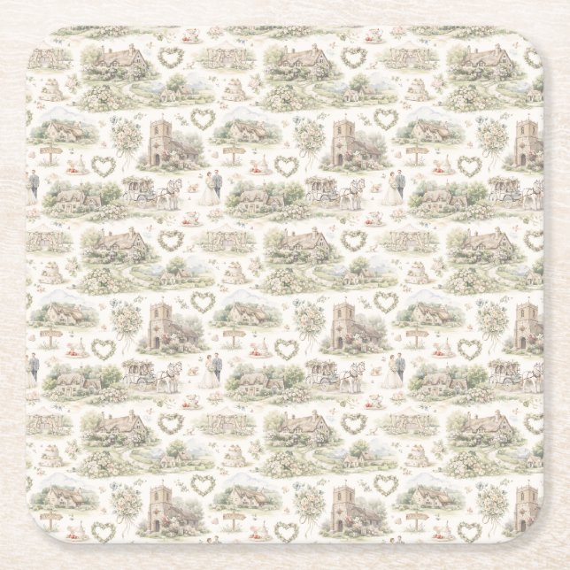 Soft Cream English Village Wedding Watercolor Rechteckiger Pappuntersetzer (Vorderseite)