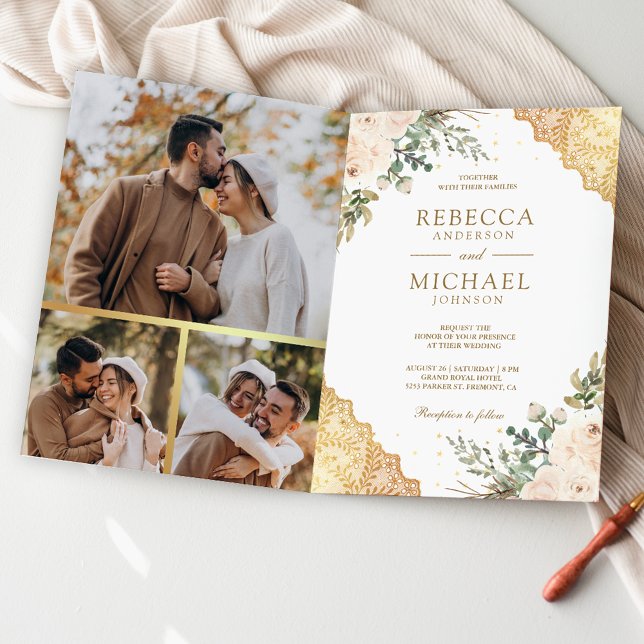 Soft Cream Roses Gold Lace QR Code Wedding Einladung (Von Creator hochgeladen)
