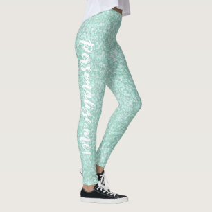 Soft Crystaline Aqua Blue Glitzer CUSTOM TEXT Leggings