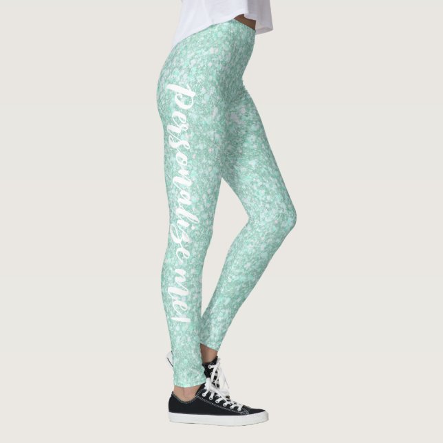 Soft Crystaline Aqua Blue Glitzer CUSTOM TEXT Leggings (Rechts)