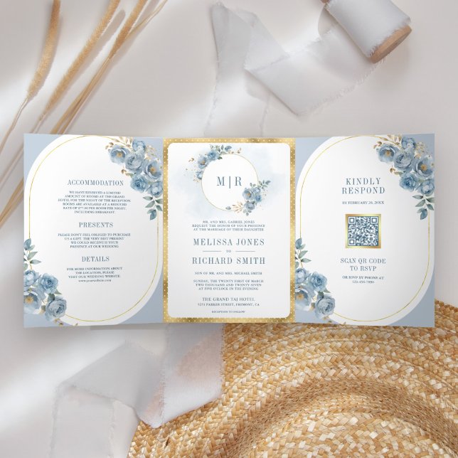 Soft Dusty Blue Floral Gold bei einer Hochzeit Dreifach Gefaltete Einladung (Von Creator hochgeladen)