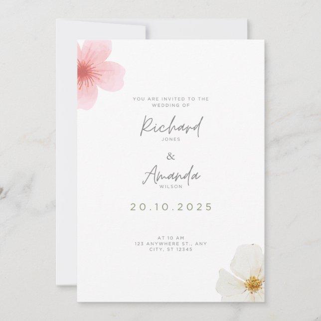 Soft Elegant Floral Wedding Einladung (Vorderseite)