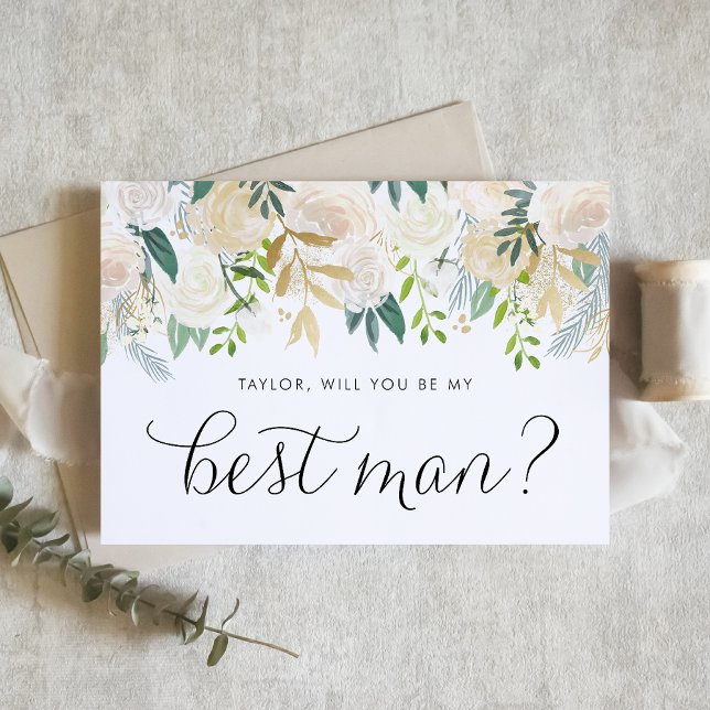 Soft-Elfenbein-Blume werden Sie mein Trauzeuge sei (Elegant Best Man proposal card with watercolor flowers in neutral shades and greenery.)