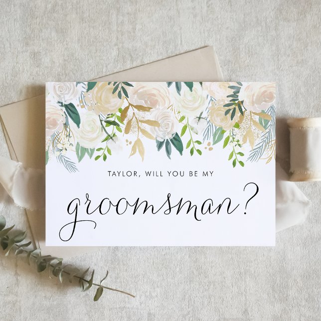 Soft-Elfenbein-Blume werden Sie mein Trauzeuge sei (Floral groomsman proposal card with ivory flowers, greenery, and faux gold foil accent.)