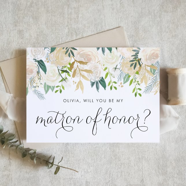 Soft-Elfenbein-Blume werden Sie meine Ehrenmatrone (Will you be my matron of honor? Floral Matron of Honor Proposal Card featuring soft ivory flowers.)