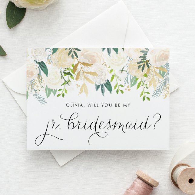Soft-Elfenbein-Blume werden Sie meine JR-Bridesmai (Will you be my junior bridesmaid? Floral Jr. Bridesmaid Proposal Card featuring soft ivory flowers.)