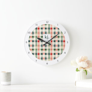 Soft Evergreen Gingham Monogram Große Wanduhr