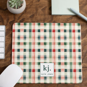 Soft Evergreen Gingham Monogram Mousepad