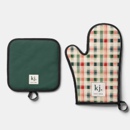 Soft Evergreen Gingham Monogram Ofenhandschuh & Topflappen-Set